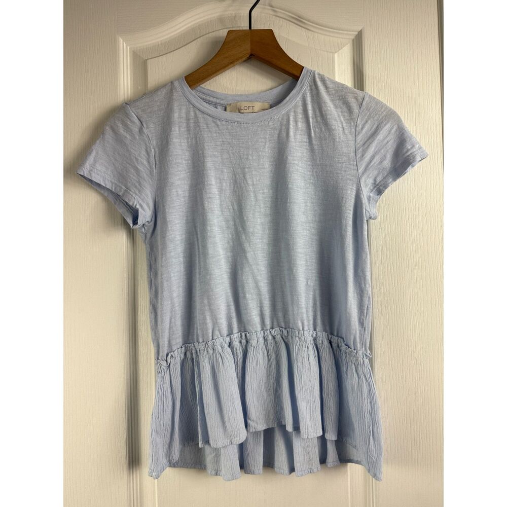 LOFT Petites Womens XS Blue Mixed Media Peplum Short Sleeve Top